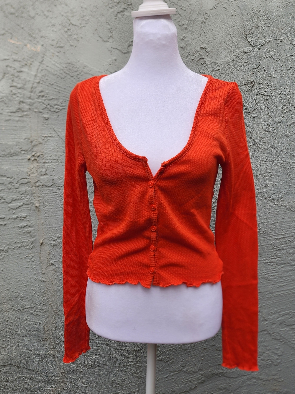 H&M Divided Orange Ribbed Crop Cardigan Sweater V-Neck Lettuce Trim S